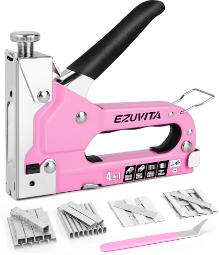 EZUVITA 4-in-1 Handtacker Set (Rosa) mit 4000 Klammern und Klammerentferner, Tacker für Holz, leistungsstarker Tackerpistole mit einstellbarer Schusskraft für Dekoration, Möbel