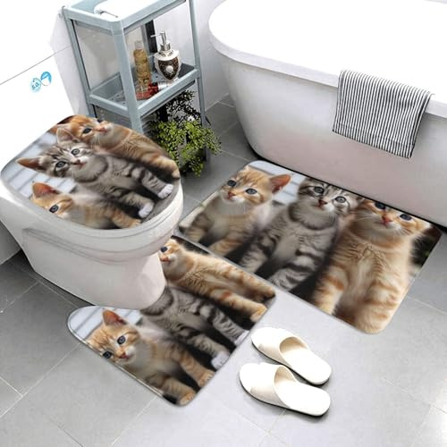 Bathroom Mat Sets 3 Piece Kittens Family Cats U Shape Wc Toilet Rug Absorbent Cozy Floor Mats, For Outdoor, Indoor, Bedroom
