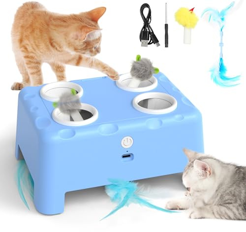 PUHOHUN Juguetes Interactivos para Gatos, Juguete Automático 2-en-1 para Gatitos-Recargable con Pluma giratoria y ratón Escondido, Juguetes Gatos Estimulacion, San Valentín (Azul)