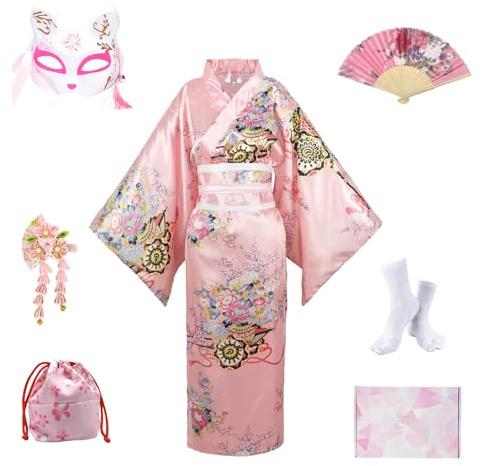 YOOCHUENG 8 Pcs Kimono Femme Déguisement Japonais Femme -Taille Unique (Convient EU 44-52) Yukata Robe, Ensemble Cosplay Anime avec Masque,Ceinture Réglable, Coffret Cadeau Inclus