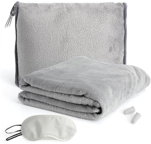 GZRXIOUS Manta de Viaje y Almohada 2-en-1 con Funda, Antifaz y Tapones Manta de Avión Suave y Compacta, Cojín Plegable para Coche, Camping, Oficina y Vuelos Largos