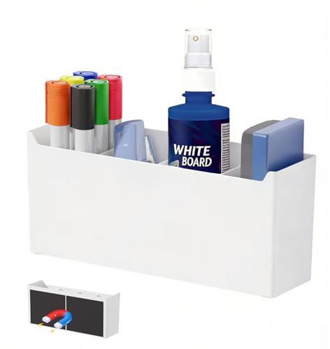 FRETONBA Porte Crayon Magnétique Tableau Blanc avec 3 Séparateurs Amovibles | Porte Stylo Magnetique, Rangement Feutre Aimanté, Magnetic Pen Holder pour École, Frigo, Grand