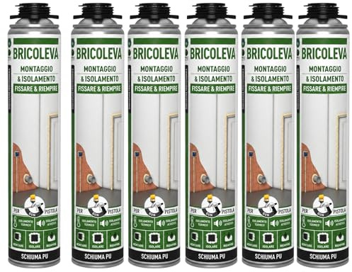 BRICOLEVA Set 6 Schiuma Poliuretanica per Pistola da 750 ml - Isolamento Termico e Acustico, Alta Espansione Colore Champagne - Sigillante Poliuretano Espanso per Riempimento Fessure (6 Pezzi)