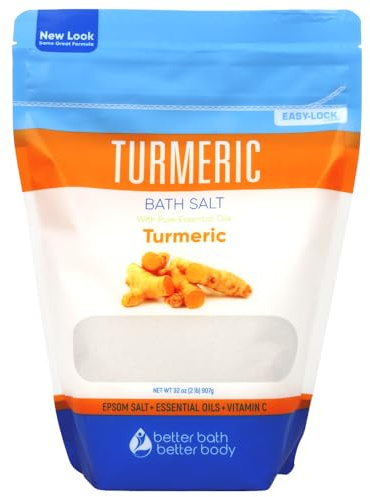 Turmeric Bath Salt 32 Oz Epsom Salt with Essential Oils Turmeric, Cinnamon, Orange Plus Vitamin C in BPA-Free Pouch with Easy Press-Lock Zipper | Natural Bath Soak to Relieve & Soothe | Made in USA