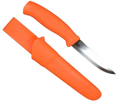 Morakniv Companion Freizeitmesser in flureszierendem orange mit rostfreiem 12C27 Sandvikstahl und Köcherscheide