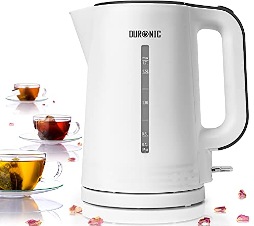 Duronic EK17 WE Bouilloire électrique de 2200W | 1,7L avec filtre anticalcaire | Niveau d’eau visible | Chauffe rapidement | Idéal pour café soluble soupe instantanée chocolat chaud thé purée