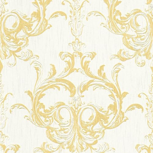 Profhome Carta da parati aspetto tessile 961965-GU carta da parati tessile giallo bianco 0,53 m x 10,05 m / 5,33 m2
