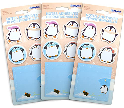 WAYTEX 300 note adesive riposizionabili Fantasie animali carini 3 espositori con 100 note 4 mini blocchi a forma di pinguini e 1 blocco quadrato 8x8 cm stampato