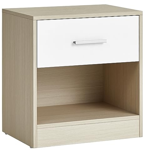 VASAGLE Mesita de Noche, Mesa Auxiliar con Cajón, Asa, Compartimento Abierto, para Dormitorio, Salón, Beige Natural y Blanco Nube LET619T67
