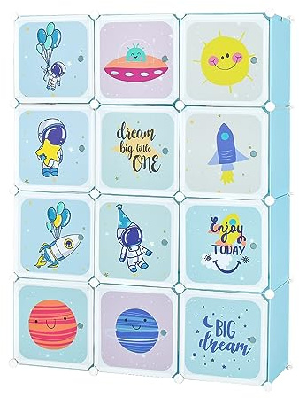 GYMAX Cartoon Clothes Closet, Portable Kids Wardrobe with Hanging Section, Children Storage Unit for Bedroom Nursery (Blue, 12 Cubes Space: 110 x 35 x 144cm), GY10189BL