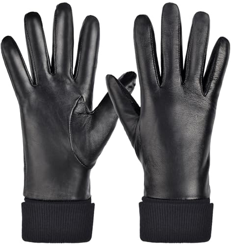 SURAWIL Leather Gloves For Women Genuine Sheepskin Womens Gloves Warm Fleece Lined Winter Gloves Touchscreen Driving Black XL W08US-T