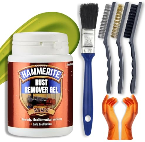 Rust Remover for Metal Bundle with 100ml Hammerite Rust Remover Gel, Wire Brush Set (Nylon Steel Brass), Gloves & Decex Paintbrush - Rust Treatment Kit for Cars, Bikes, BBQ, Vehicles, Gates, Chrome