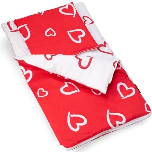 PinkZebra Couchage pour poupée avec Coussin et Lit de poupée en Coton Motif Coeurs Rouges