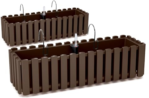 Tymar Jardinera con soportes de estilo rústico, jardinera de balcón con aspecto de lamas, paquete de 2 unidades, jardín, balcón, terraza (marrón, 60 cm)