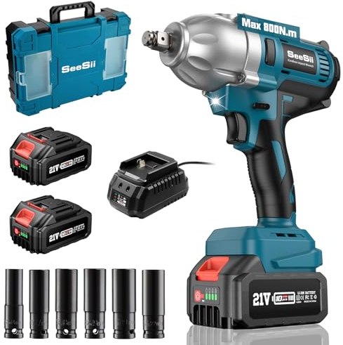 Seesii Llave de Impacto Inalámbrica 700Nm, 1/2 Pistola de Impacto Electrica con 8000mAh Baterías, Cambiar Neumáticos De Automóviles Y Aflojar Las Tuercas De Las Ruedas, Incluye 2 Baterías Y Cargador