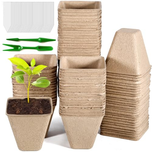 ZQEJEFD Vasetti per Piantine, 100 Pezzi Vasi Biodegradabili da Giardino, 8 cm Vasi per Semi in Fibra Biodegradabile per Piantine e Trapianti con 100 Etichette per Piante e 2 Attrezzi da Giardinaggio