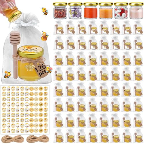 Aliggbent 126 Pack Mini Honey Jars 1.5 oz Round Glass Dippers with Labels