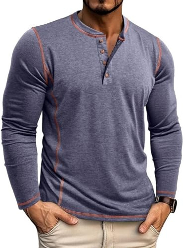 LAOARA Långärmad T-shirt för herr lång bomull Henley T-shirts med polokrage ledig T-shirt M-2XL