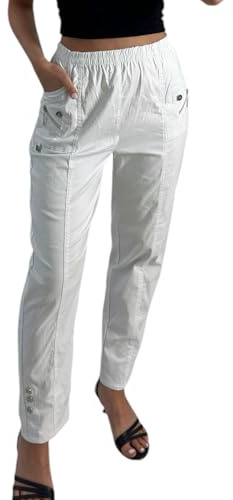 Women’s Cherry Berry Full Length Trousers - Plain Casual Elasticated Waist Bottoms Stretch 2 Pockets Winter Straight Leg Fit Pull On Italian Summer Pants White (UK Size 20)