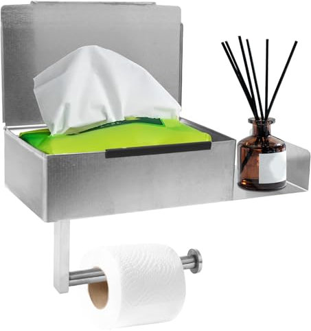 Porte-rouleau de papier toilette sans perçage avec boîte à lingettes humides - En acier inoxydable - Avec étagère - Pour toilettes, salle de bain, cuisine - Argenté