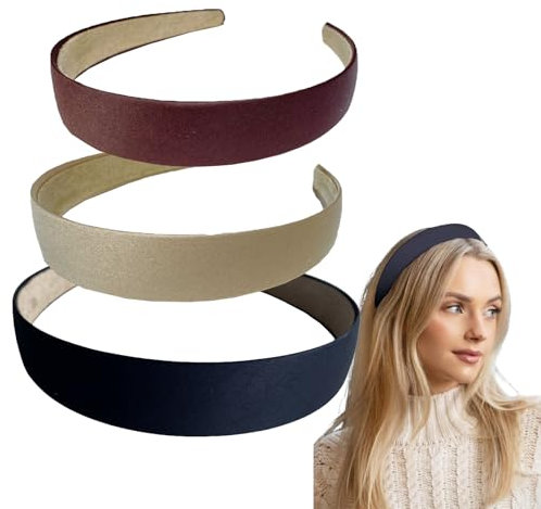 Hsyadazi 3 fasce in raso, larghezza 2,5 cm, per capelli fai da te, antiscivolo, tinta unita, per donne e ragazze, elegante fascia per capelli in nero, cachi e caffè