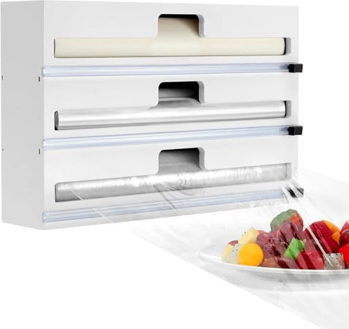 Housolution Folienspender mit Cutter, Abroller & Schneider für 30cm Lange Frischhaltefolie, Alufolie Und Backpapier, 3 in 1 Folienschneider Frischhaltefolienspender für Küche, Weiß