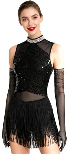 JEATHA Damer paljetter latin jazzbody med fransar polotröja balett dansbody glitter leotard rygglös balettkläder danskostym med handskar, svart, L