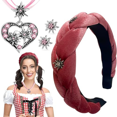 WWISTOA Samt Haarreifen Rot Dirndl Haarreif Damen Dirndlschmuck 3 Stück Trachtenschmuck Edelweiß Halskette und Ohrstecker Bierfest Trachten Dirndl Outfit Accessoires Oktoberfest Accessoires