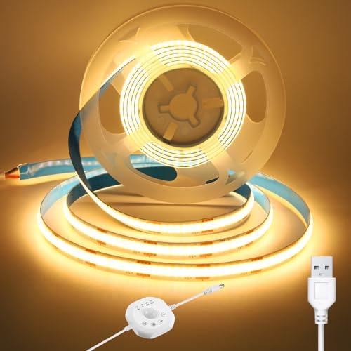 luktix USB Ruban LED COB Détecteur de Mouvement, 5V Bande LED Blanc Chaud, Marche/arrêt Auto, 4 Modes minuterie, Jour/Nuit, Activée Mouvement pour escaliers, lits, Armoires, Cuisines, 2m, 3000K