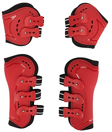 Botas de pata trasera para caballo, transpirables, resistentes a los impactos, frente abierto, para saltar, botas de tendón, protector de patas de caballo, color rojo (M)
