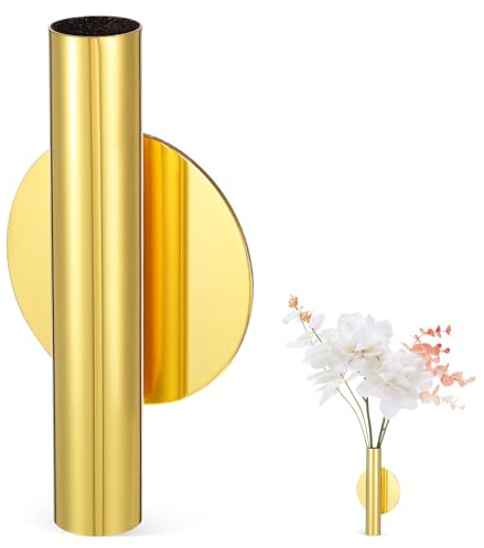 LALAFINA Wall Vase for Real Flowers Gold Wall Planter Round Base and Double-Sided Adhesive Home Decor Vase Holder for Living Room and Bedroom