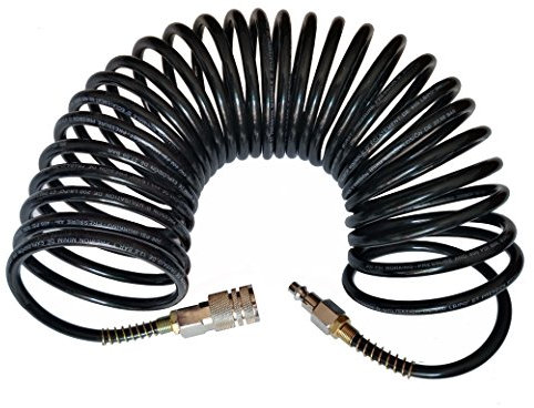 Recoil Air Hose Air Compressor Hose with Industrial Solid Brass Coupler and Plug 1/4 Inches x 25 Feet, Quick Connect, Black