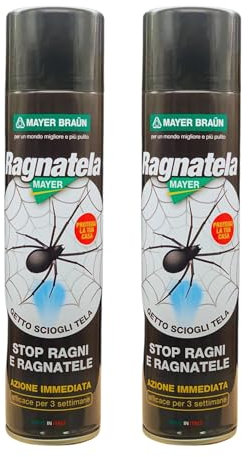 2 x Spray Insetticida Disinfestante Ragni, Ragnatele, Insetti Striscianti RAGNATELAMAYER 400 ml| Spray Specifico Ad Azione Immediata e Prolungata|Valvola Di Precisione e Profumazione Gradevole