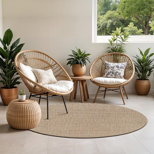 Livabliss Geometric Outdoor Rug - Indoor Outdoor Rug Large, Altea 160 cm Round - Patio Rugs, Decking, Outdoor Carpet -Boho Colourful Garden Rugs, Patterned, UV Weather, Stain Durable, Beige, Brown Rug