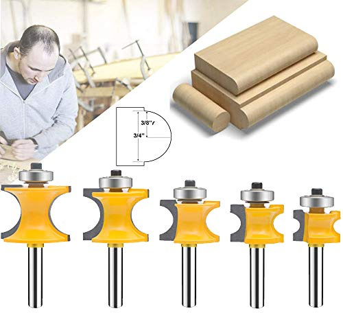 TAIWAIN 5PCS Router Bit Set Woodworking Cutter 1/4 Inch Shank, Half Round Bearing Bullnose Milling Cutter Bits, Carbide Tipped Round Edge Cutting Ball Blade Radius 1/8 3/16 1/4 5/16 3/8 (F-1/4BY)