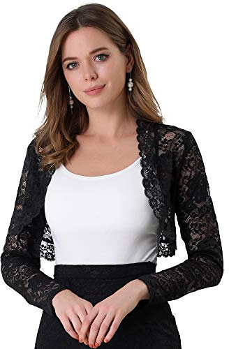 Allegra K Women's Elegant Crop Cardigan Sheer Floral Lace Bolero Shrug Top Small Black
