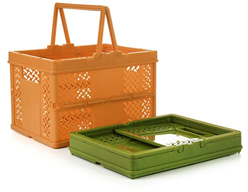 Spesh Foldable Storage Crates Kid Shopping Baskets with Handle-Orange+Green | 2 Pack 24cm*18cm Collapsible Crates Storage Boxes Folding Plastic Crates Foldable Storage Boxes for Picnic Camping Shopping