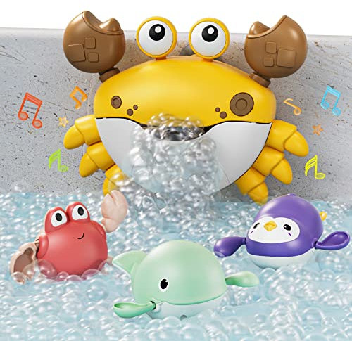 TUMAMA Badespielzeug Mit Musik, Krabbe Bad Seifenblasenmaschine für Baby mit 3 Wind-Up Schwimmen Spielzeug Kleinkinder ab 1 2 3 Jahr, Säuglinge automatische Seifenblasen Maschine Gebläse für Badewanne