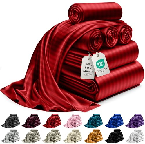 DECOLURE Satin Bed Sheets - 6 Piece Luxury Silky Queen Size Bedding Set - Softer Than Silk, Wrinkle-Free with 15” Deep Pocket Fitted Sheet, Perfect for Hair & Skin, Gifts for Women (Striped Red)