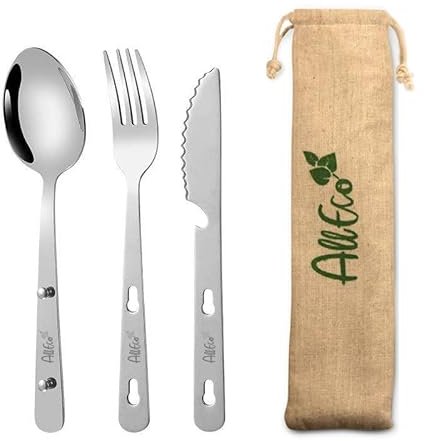 AllEco® Edelstahl Campingbesteck Bundeswehr mit Pin Style für unterwegs + GRATIS Beutel | Outdoor Besteck Camping Besteck Set to Go Besteckset nachhaltige Produkte Zero Waste Geschenkidee