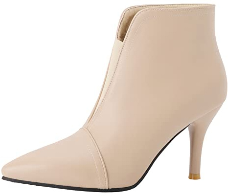 Gicoiz Mujer Puntiagudo Invierno Botas Cortas Tacón de Agujas Trabajo Formal Zapatos Warm Tacón Alto Moda Boda Botines de Oficina Beige Talla 37 EU-38Cn