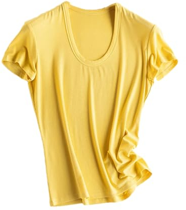 T-shirt d'été en soie mélangée à manches courtes et col en U pour femme, Mangue U, S