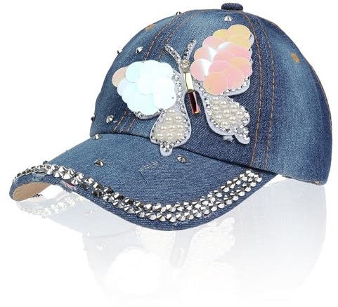 NiceYnn Baseballkappe mit 6 Blingen, Strasssteinen, Denim, Perlen, verstellbare Snapback-Kappe, Trucker-, Hip-Hop-Hut, Outdoor-Sport, Sonne, Golf, Schirm, Perlenschmetterling, Einheitsgröße