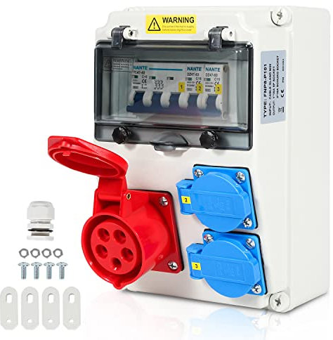 Yakimz distributeur de courant de chantier, distribution de courant disjoncteur 2xprise Schuko et prise CEE 16A, 5 pôles distributeur mural, pour intérieur et extérieur