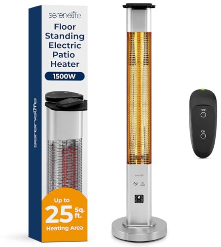 SereneLife Outdoor Electric Patio Heater - 1500W High-Efficiency Infrared Heating, Remote Control Standing Heater with Aluminum Reflector, Waterproof Design, IP65 Approved, Quiet Operation