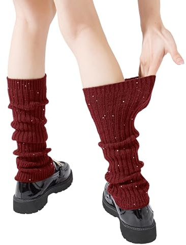 Yawlsow benvärmare för kvinnor flickor Y2k stickad volang benvärmare vinter, Kawaii lång strumpa gotisk Harajuku tillbehör, Paljetter röd, one size