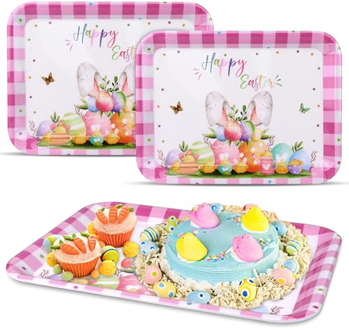 3 Pcs Easter Serving Trays Watercolor Bunny Egg Platter,13x10 Serving Dishes Vintage Spring Flower Rabbit Melamine Tray Snacks Cookies Dessert Plates Happy Easter Rectangle Trays for Party Supplies