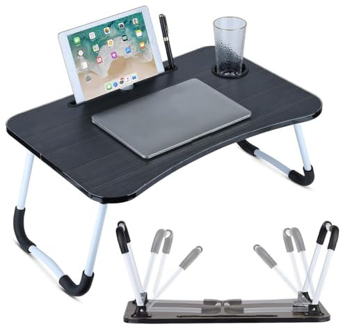 Table Pliante pour Ordinateur Portable avec Support de Tablette et Porte-gobelet, Table de lit Portable 60 x 40 cm, Pieds antidérapants, Peu encombrant, Bureau Stable pour Le Bureau à Domicile (Noir)