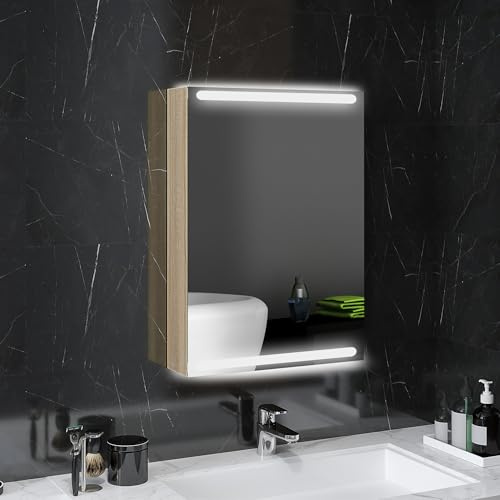 HOMCOM Armoire Murale, Meuble Salle de Bain avec Miroir, Armoire Suspendue avec éclairage LED et étagères en Verre réglables, 50 x 12,5 x 70 cm, Finition Bois Naturel