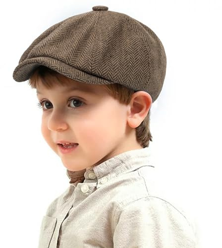 Kids Boys Wool Newsboy Cap - Vintage Tweed Flat Beret Cabbie Hat for Toddler Boys Girls Pageboy(for 4 to 9 Years) Khaki